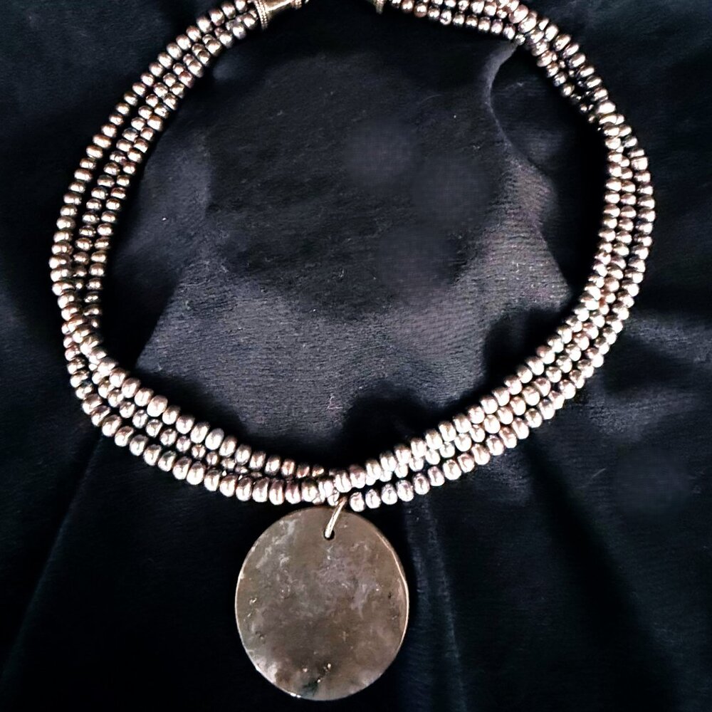 Artisan Pearl Statement Necklace Blue Gray Round Pendant 16"